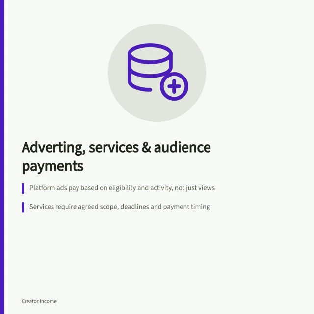 Adverting, services & audience payments: Platform ads pay based on eligibility and activity, not just views; Services require agreed scope, deadlines and payment timing; Audience payments need clear benefits and actual renewal rates. Advertising, services and audience payments compared