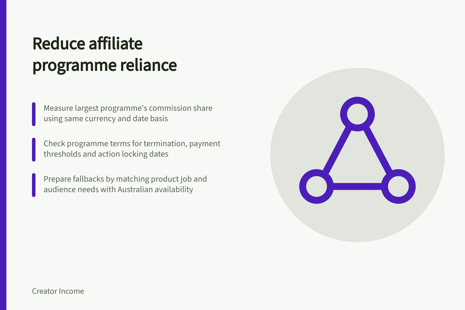 Reduce affiliate programme reliance: Measure largest programme's commission share using same currency and date basis; Check programme terms for termination, payment thresholds and action locking dates; Prepare fallbacks by matching product job and audience needs with Australian availability