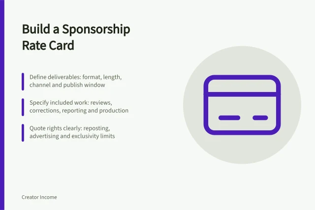 Build a Sponsorship Rate Card: Define deliverables: format, length, channel and publish window; Specify included work: reviews, corrections, reporting and production; Quote rights clearly: reposting, advertising and exclusivity limits. Building a rate card from deliverables and rights
