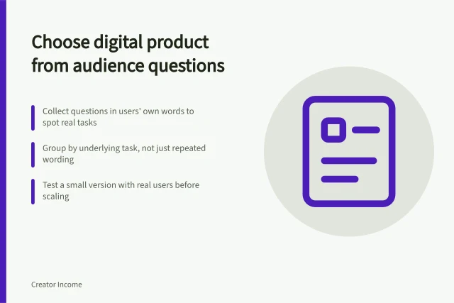 Choose digital product from audience questions: Collect questions in users' own words to spot real tasks; Group by underlying task, not just repeated wording; Test a small version with real users before scaling. Choosing a digital product from recurring audience questions