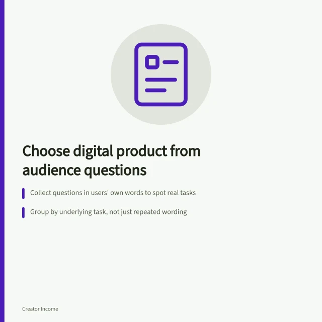 Choose digital product from audience questions: Collect questions in users' own words to spot real tasks; Group by underlying task, not just repeated wording; Test a small version with real users before scaling. Choosing a digital product from recurring audience questions