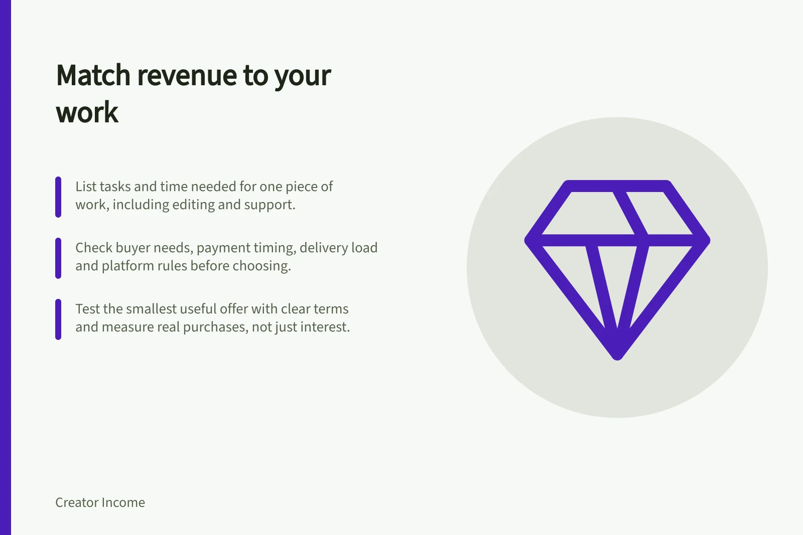 Match revenue to your work: List tasks and time needed for one piece of work, including editing and support.; Check buyer needs, payment timing, delivery load and platform rules before choosing.; Test the smallest useful offer with clear terms and measure real purchases, not just interest.