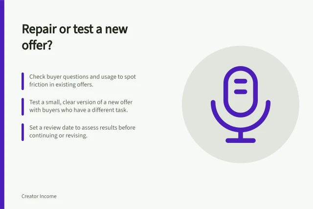 Repair or test a new offer?: Check buyer questions and usage to spot friction in existing offers.; Test a small, clear version of a new offer with buyers who have a different task.; Set a review date to assess results before continuing or revising. Comparing a new offer with improving an existing one