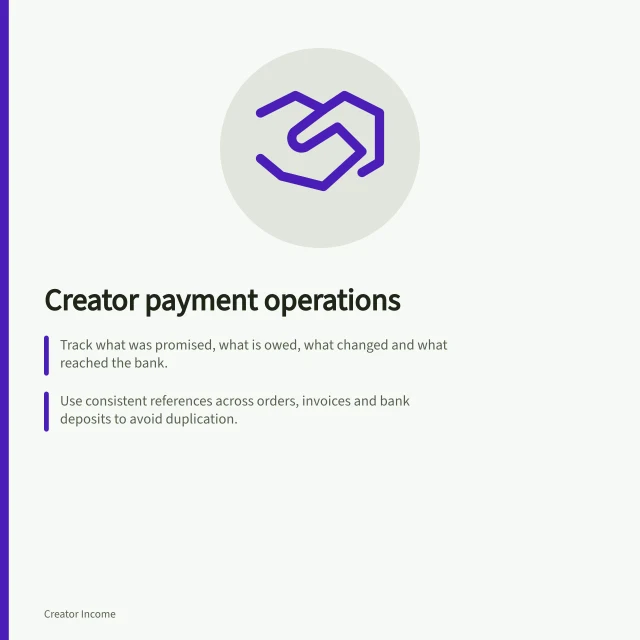 Creator payment operations: Track what was promised, what is owed, what changed and what reached the bank.; Use consistent references across orders, invoices and bank deposits to avoid duplication.; Check platform payout reports against bank entries to match settlements accurately. Creator payment operations