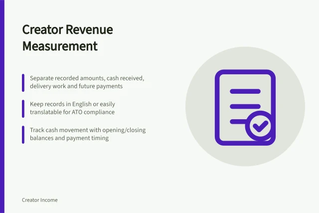 Creator Revenue Measurement: Separate recorded amounts, cash received, delivery work and future payments; Keep records in English or easily translatable for ATO compliance; Track cash movement with opening/closing balances and payment timing. Creator revenue measurement
