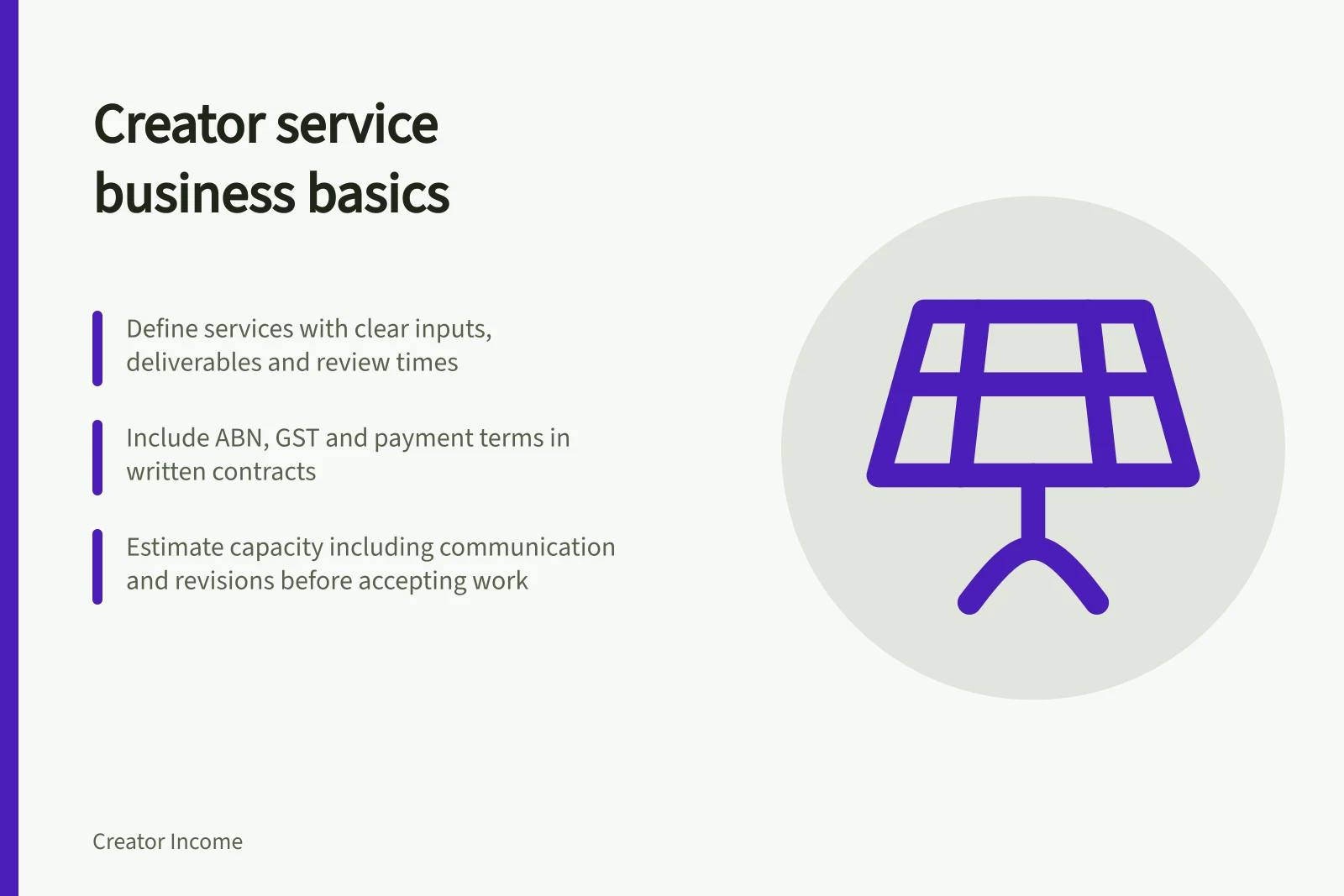 Creator service business basics: Define services with clear inputs, deliverables and review times; Include ABN, GST and payment terms in written contracts; Estimate capacity including communication and revisions before accepting work