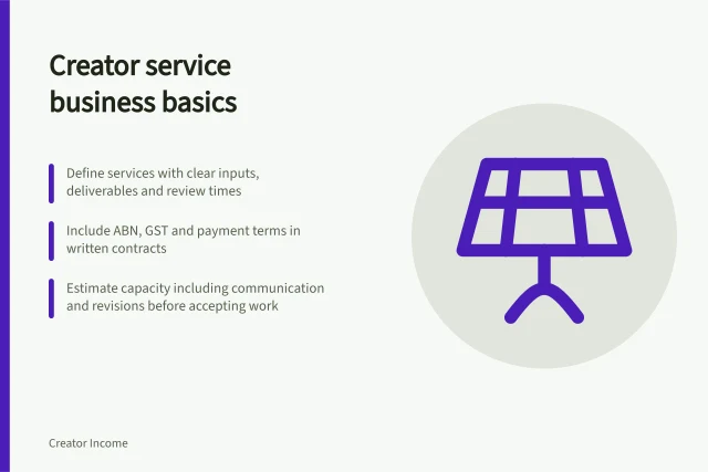 Creator service business basics: Define services with clear inputs, deliverables and review times; Include ABN, GST and payment terms in written contracts; Estimate capacity including communication and revisions before accepting work. Creator service businesses