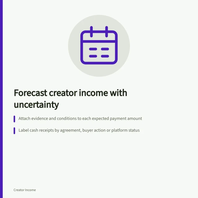 Forecast creator income with uncertainty: Attach evidence and conditions to each expected payment amount; Label cash receipts by agreement, buyer action or platform status; Use cautious, working and upside cases to show scenario changes. Forecasting creator income with explicit uncertainty
