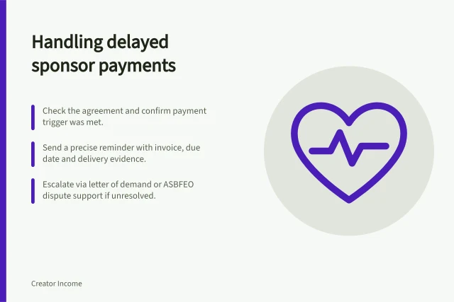 Handling delayed sponsor payments: Check the agreement and confirm payment trigger was met.; Send a precise reminder with invoice, due date and delivery evidence.; Escalate via letter of demand or ASBFEO dispute support if unresolved. Handling delayed sponsor payments: what to do