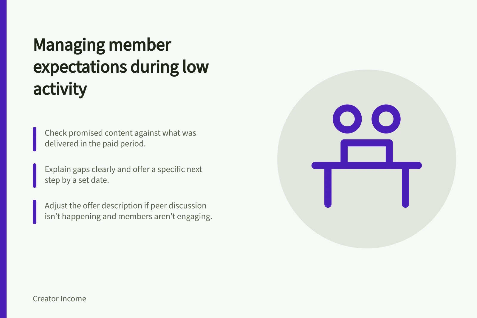 Managing member expectations during low activity: Check promised content against what was delivered in the paid period.; Explain gaps clearly and offer a specific next step by a set date.; Adjust the offer description if peer discussion isn’t happening and members aren’t engaging.