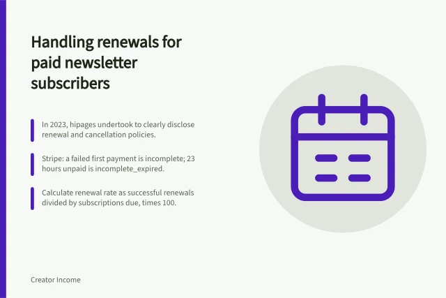 Handling renewals for paid newsletter subscribers: In 2023, hipages undertook to clearly disclose renewal and cancellation policies.; Stripe: a failed first payment is incomplete; 23 hours unpaid is incomplete_expired.; Calculate renewal rate as successful renewals divided by subscriptions due, times 100. Handling renewals for paid newsletter subscribers