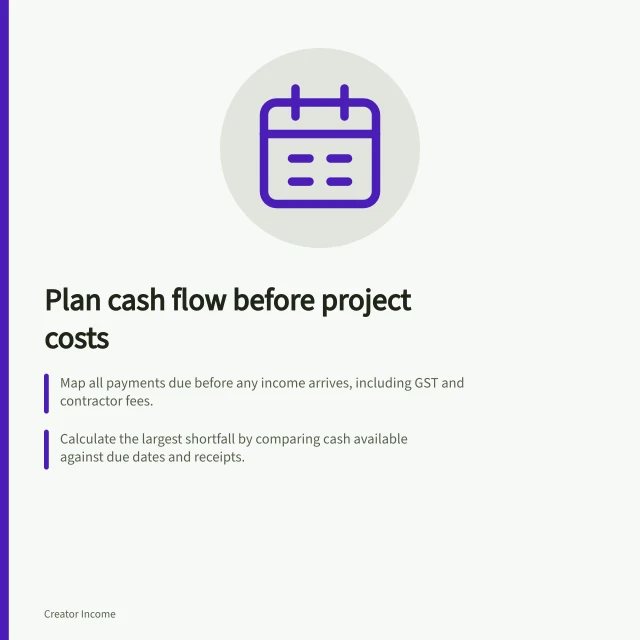 Plan cash flow before project costs: Map all payments due before any income arrives, including GST and contractor fees.; Calculate the largest shortfall by comparing cash available against due dates and receipts.; Adjust commitments by staging work, deferring purchases or securing deposits before spending. Planning for costs that arrive before revenue