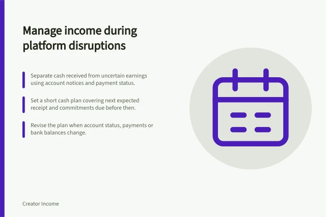 Manage income during platform disruptions: Separate cash received from uncertain earnings using account notices and payment status.; Set a short cash plan covering next expected receipt and commitments due before then.; Revise the plan when account status, payments or bank balances change. Planning income during a platform disruption