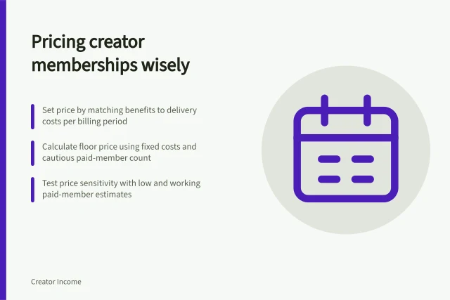 Pricing creator memberships wisely: Set price by matching benefits to delivery costs per billing period; Calculate floor price using fixed costs and cautious paid-member count; Test price sensitivity with low and working paid-member estimates. Pricing a creator membership around ongoing audience value