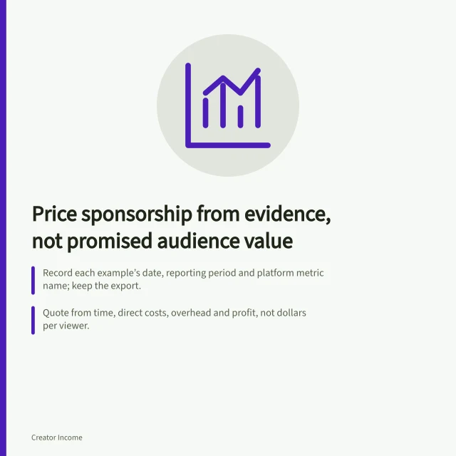 Price sponsorship from evidence, not promised audience value: Record each example’s date, reporting period and platform metric name; keep the export.; Quote from time, direct costs, overhead and profit, not dollars per viewer.; For performance-only payment, agree action, attribution and payment timing. Pricing a sponsorship without inventing audience value