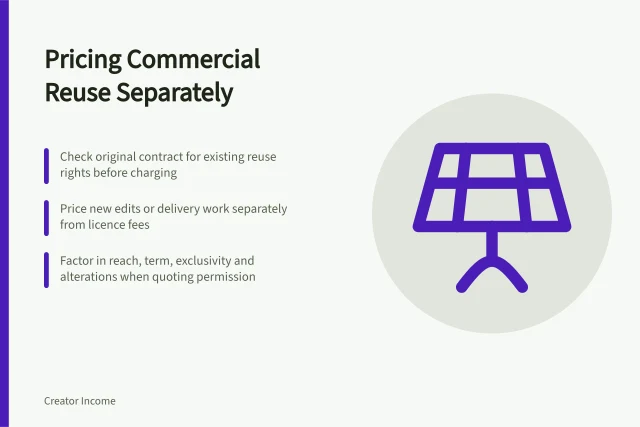 Pricing Commercial Reuse Separately: Check original contract for existing reuse rights before charging; Price new edits or delivery work separately from licence fees; Factor in reach, term, exclusivity and alterations when quoting permission. Pricing commercial reuse separately from original production