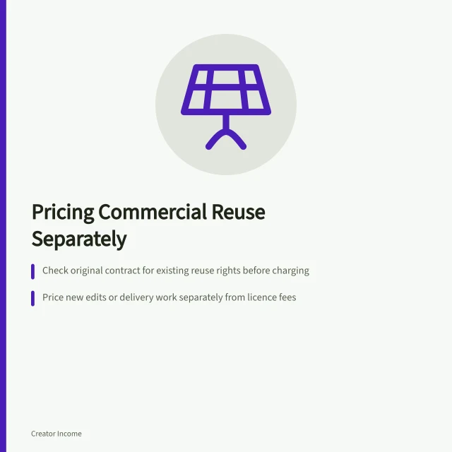 Pricing Commercial Reuse Separately: Check original contract for existing reuse rights before charging; Price new edits or delivery work separately from licence fees; Factor in reach, term, exclusivity and alterations when quoting permission. Pricing commercial reuse separately from original production