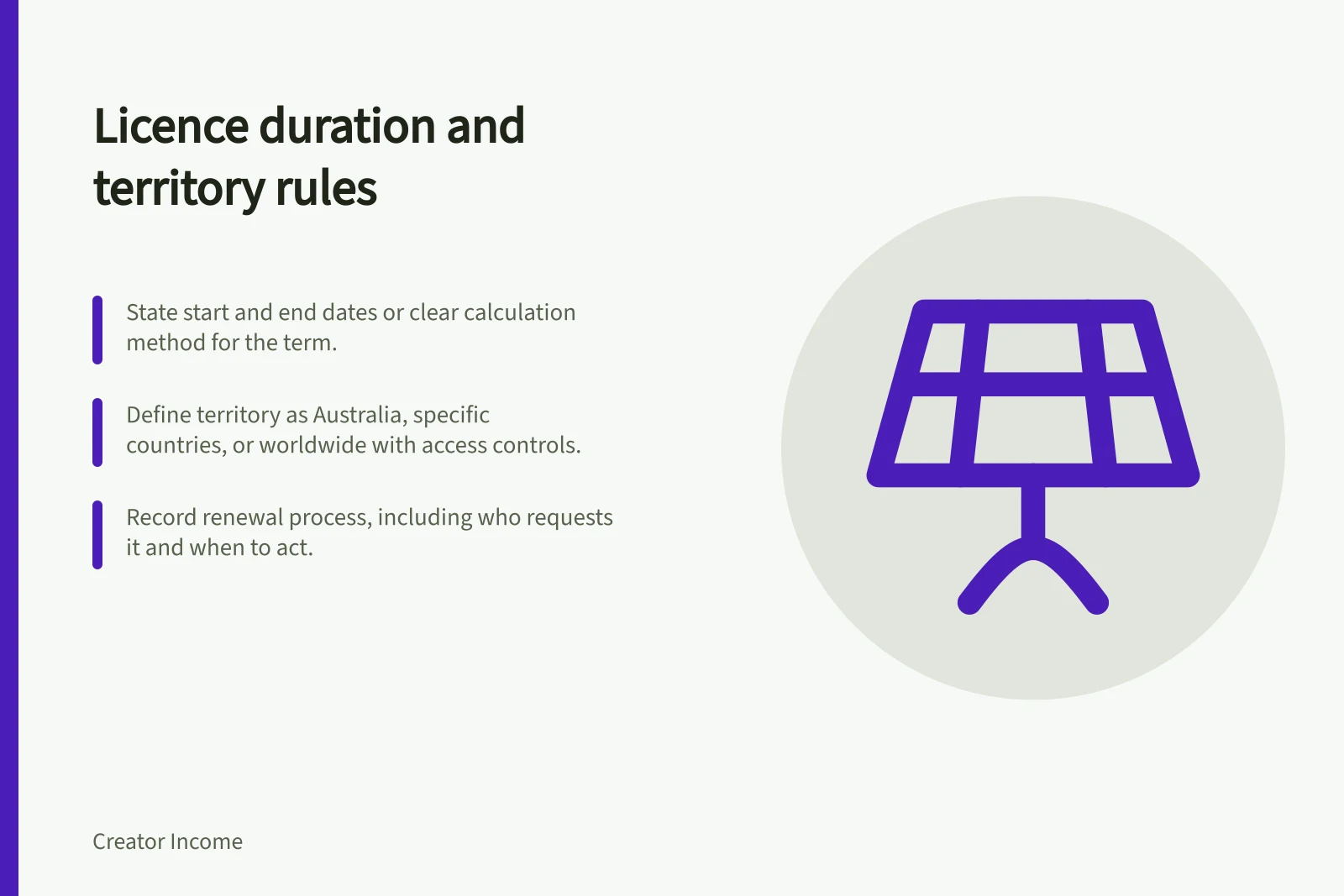 Licence duration and territory rules: State start and end dates or clear calculation method for the term.; Define territory as Australia, specific countries, or worldwide with access controls.; Record renewal process, including who requests it and when to act.