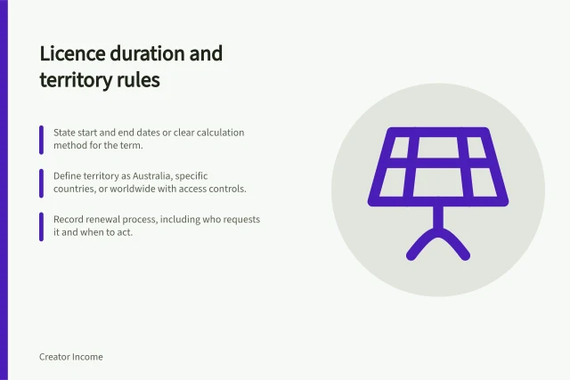 Licence duration and territory rules: State start and end dates or clear calculation method for the term.; Define territory as Australia, specific countries, or worldwide with access controls.; Record renewal process, including who requests it and when to act. Recording licence duration and territory