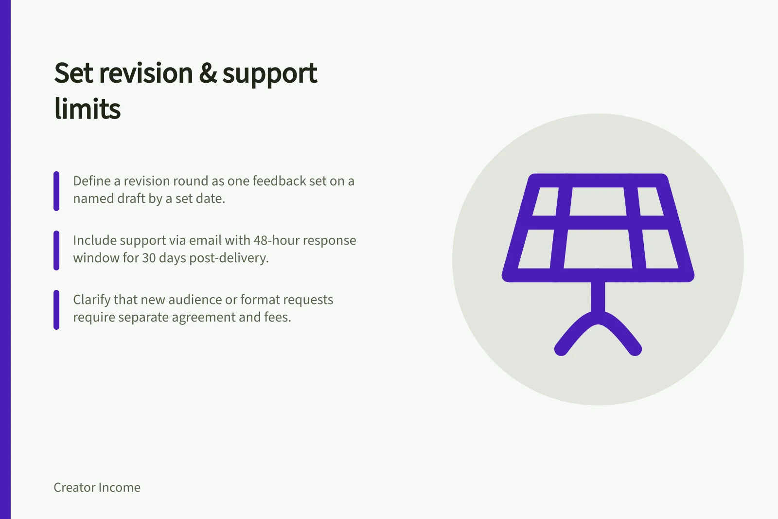 Set revision & support limits: Define a revision round as one feedback set on a named draft by a set date.; Include support via email with 48-hour response window for 30 days post-delivery.; Clarify that new audience or format requests require separate agreement and fees.