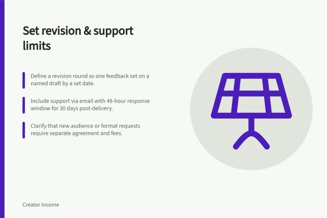 Set revision & support limits: Define a revision round as one feedback set on a named draft by a set date.; Include support via email with 48-hour response window for 30 days post-delivery.; Clarify that new audience or format requests require separate agreement and fees. Setting boundaries for revisions and support
