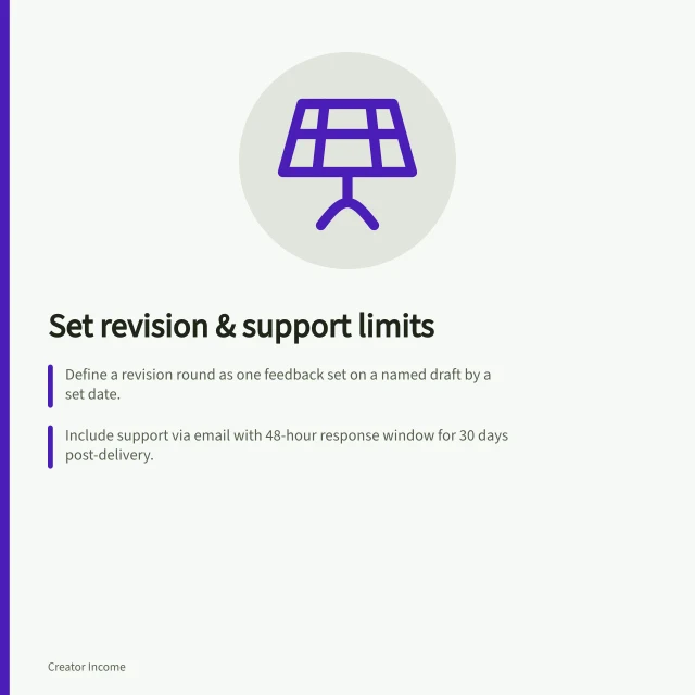 Set revision & support limits: Define a revision round as one feedback set on a named draft by a set date.; Include support via email with 48-hour response window for 30 days post-delivery.; Clarify that new audience or format requests require separate agreement and fees. Setting boundaries for revisions and support