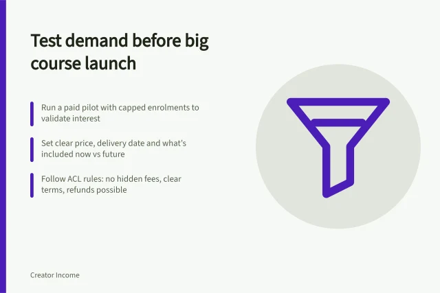 Test demand before big course launch: Run a paid pilot with capped enrolments to validate interest; Set clear price, delivery date and what’s included now vs future; Follow ACL rules: no hidden fees, clear terms, refunds possible. Testing demand before producing a large course or guide