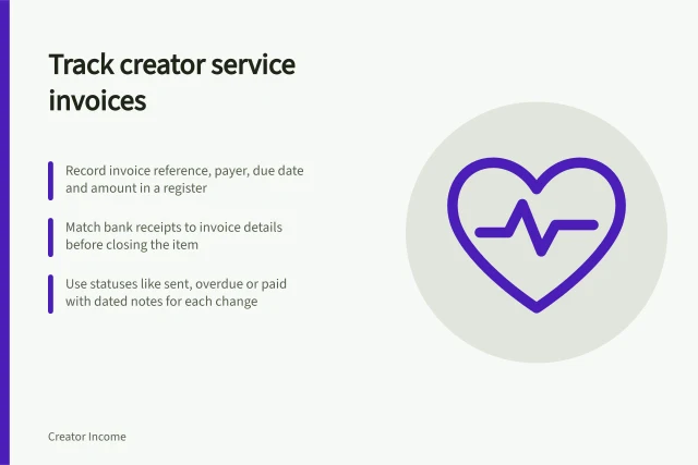 Track creator service invoices: Record invoice reference, payer, due date and amount in a register; Match bank receipts to invoice details before closing the item; Use statuses like sent, overdue or paid with dated notes for each change. Tracking invoices for creator services