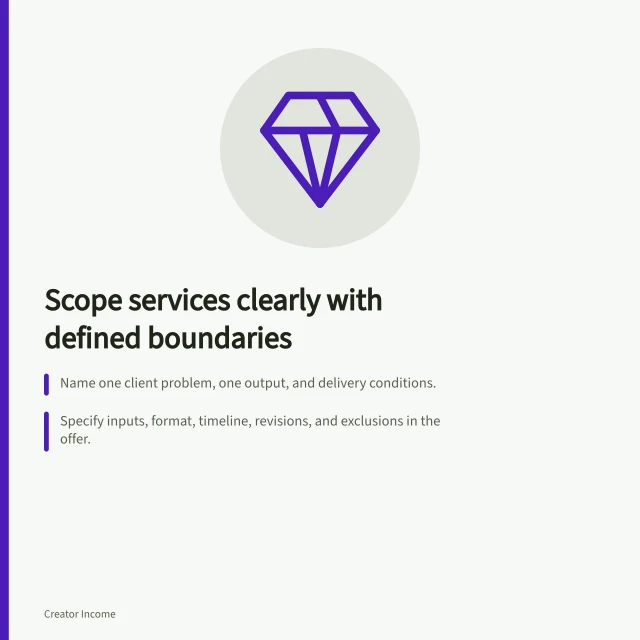 Scope services clearly with defined boundaries: Name one client problem, one output, and delivery conditions.; Specify inputs, format, timeline, revisions, and exclusions in the offer.; Use observable completion criteria like 'one annotated draft returned as a document'. Turning expertise into a clearly scoped service